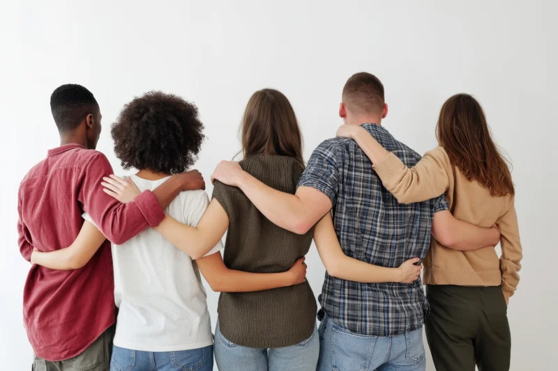 Diverse group of people standing back to camera with arms around each other in a line