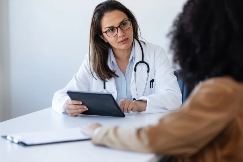 Doctor in white coat with stethoscope discussing patient information on tablet in clinic office