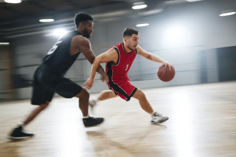 Young male basketball player dribbling the ball while being defended by an opponent on an indoor hardwood court