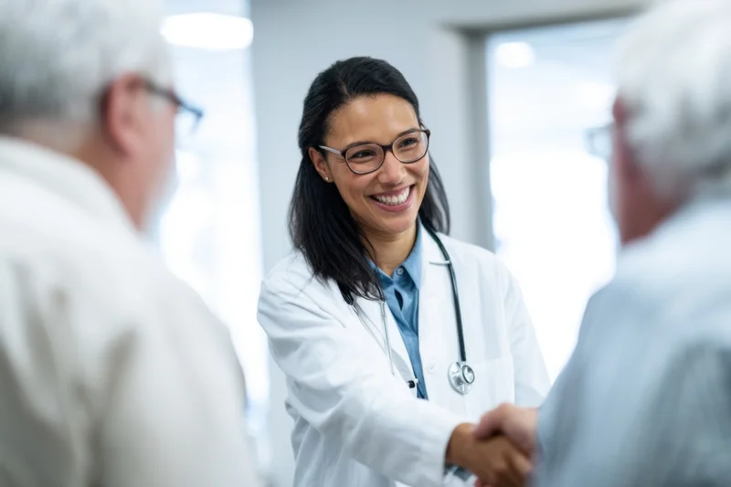 Female doctor in white coat shaking hands with patient in clinic