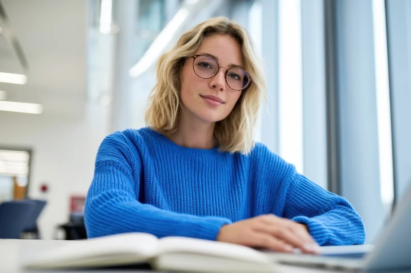 Woman in blue sweater working on laptop at office desk