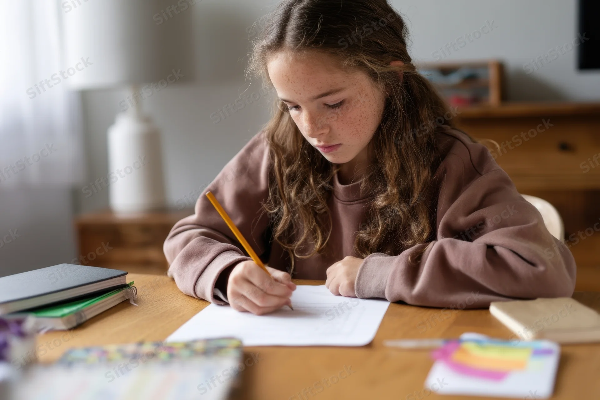 Young girl writing with a pencil at a wooden desk at home