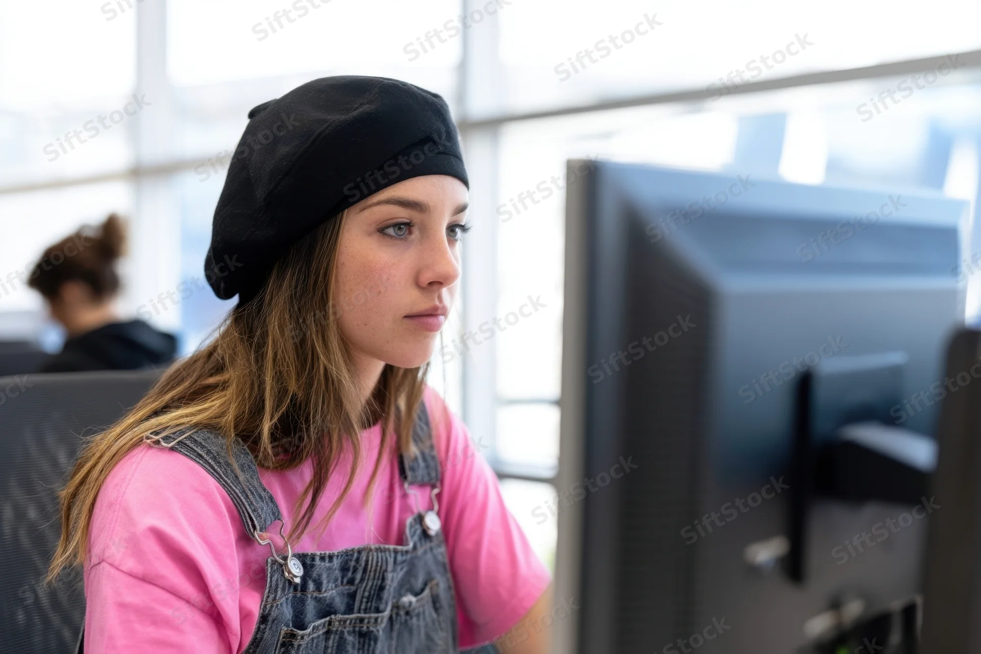Young woman in pink shirt and denim overalls focused on computer screen in office workspace