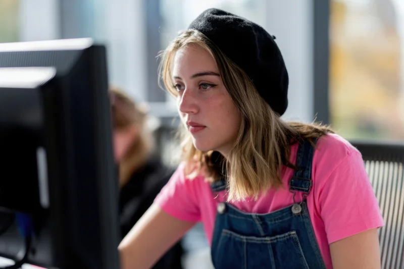 Young woman concentrating on computer screen in office workspace