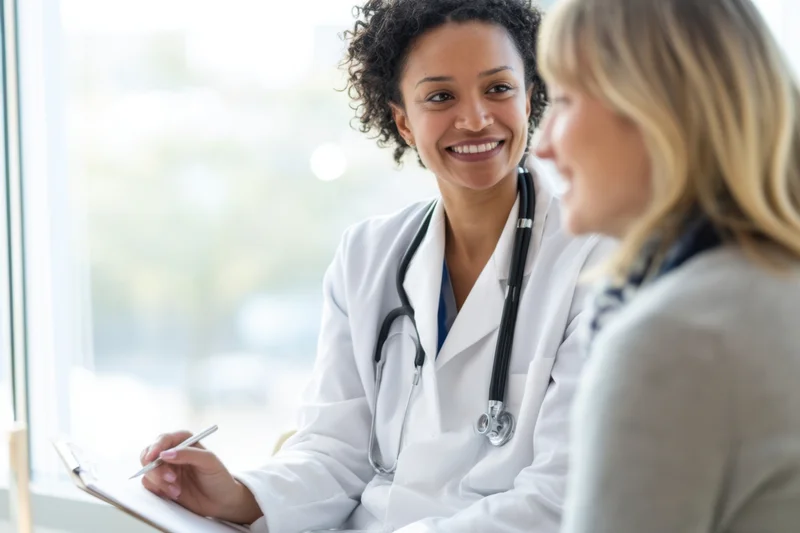 Female doctor smiling while consulting with a patient in a clinic office
