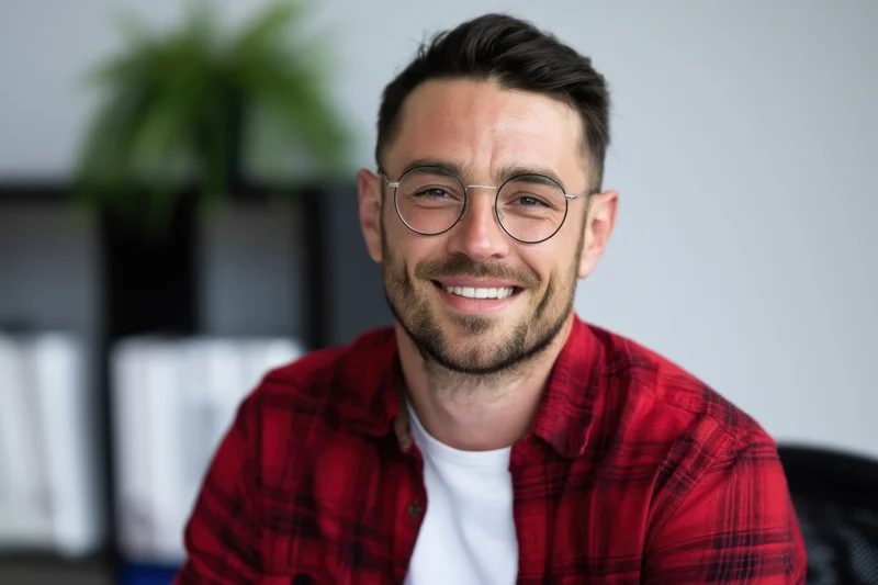 Smiling man with glasses and red plaid shirt in office setting