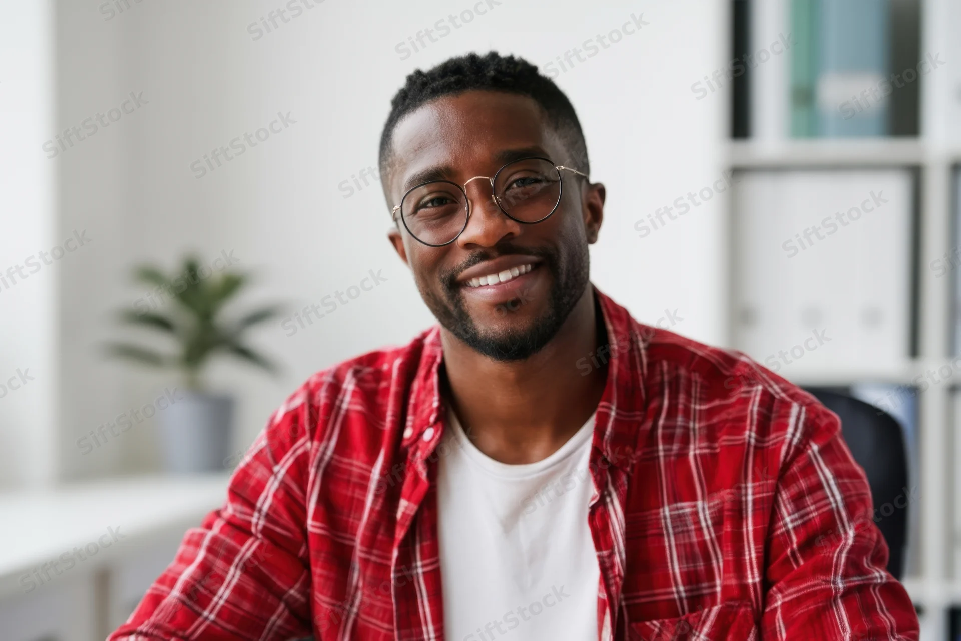 Smiling man in red plaid shirt and glasses sitting in office interior