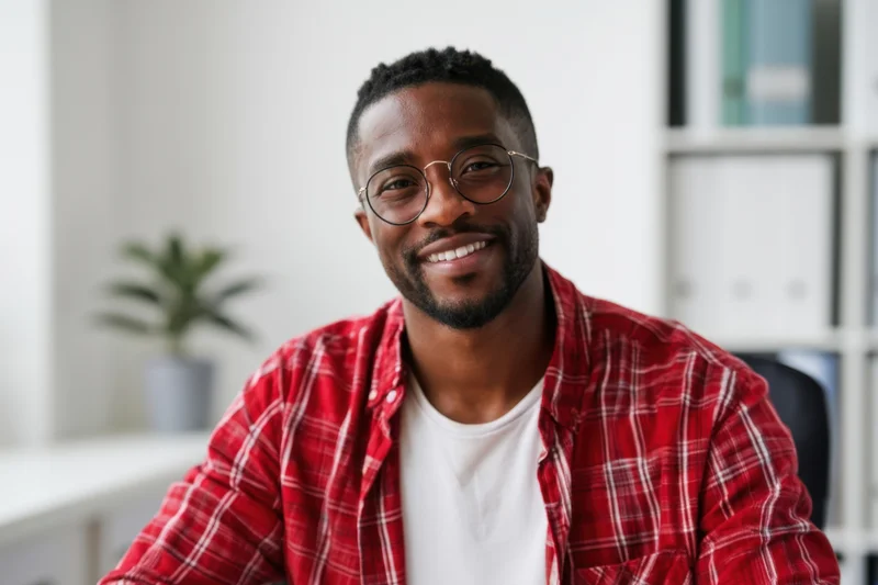 Smiling man in red plaid shirt and glasses sitting in office interior
