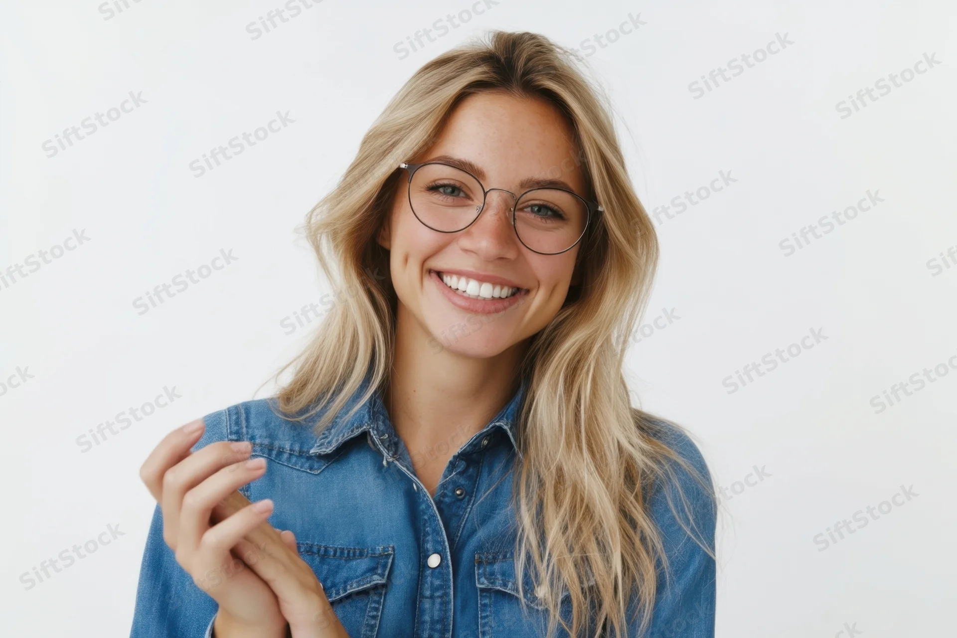 Young woman with long blonde hair smiling while wearing round glasses and a denim shirt in a studio setting