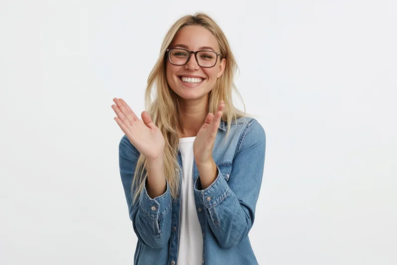 Young blonde woman smiling and clapping hands in front of white background