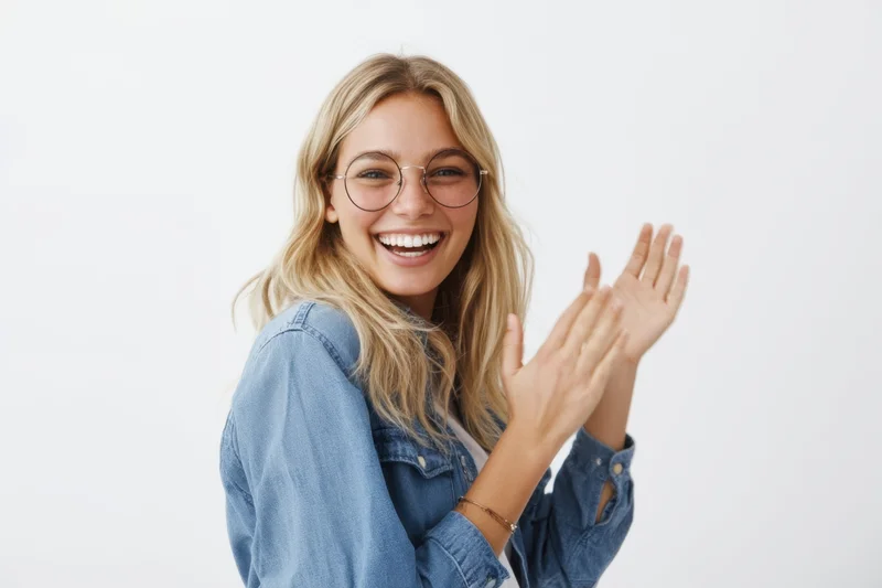 Young woman smiling and clapping in denim jacket against white background