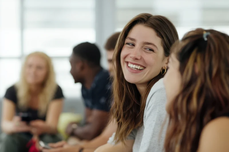Young woman smiling during a casual group conversation in a bright office setting