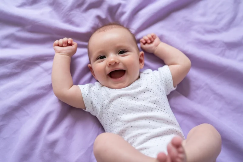 Happy baby lying on lavender sheet with arms raised and smiling