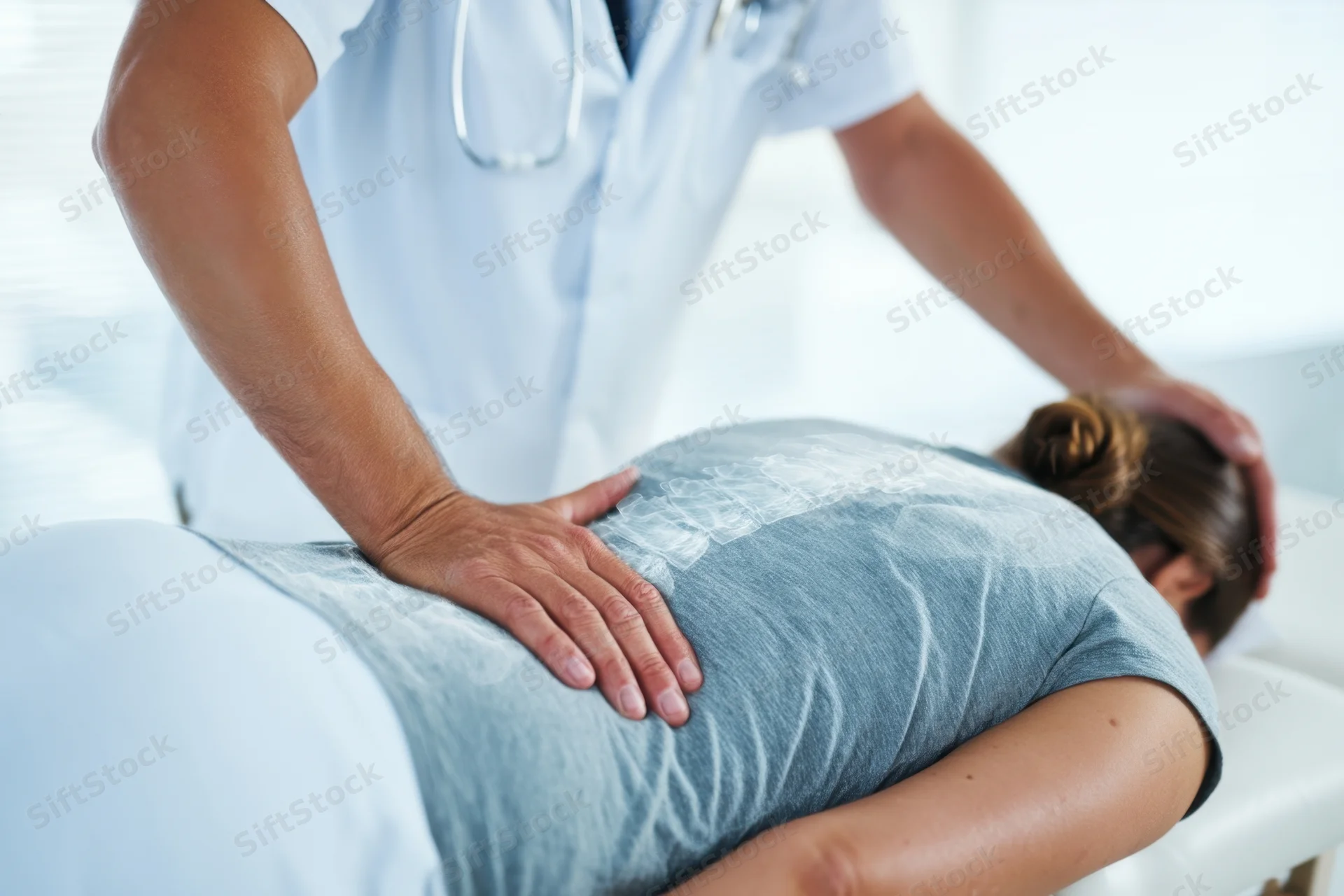 Healthcare professional performing spinal therapy on a woman lying face down on an examination table