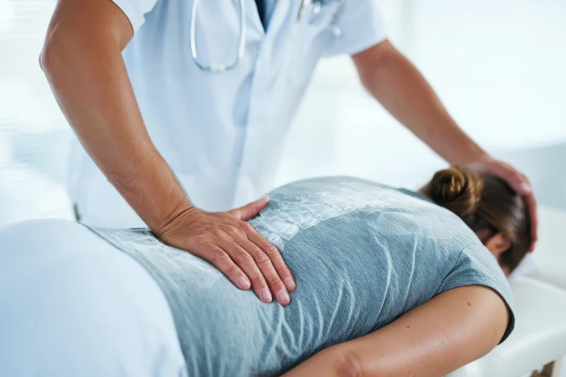 Healthcare professional performing spinal therapy on a woman lying face down on an examination table