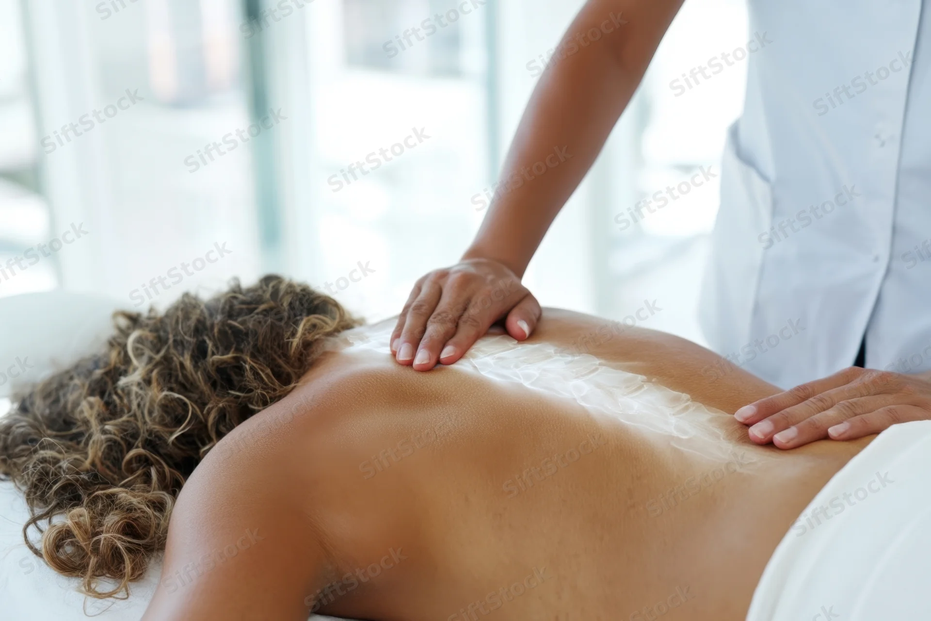 Woman receiving back massage with cream applied by therapist in clinic