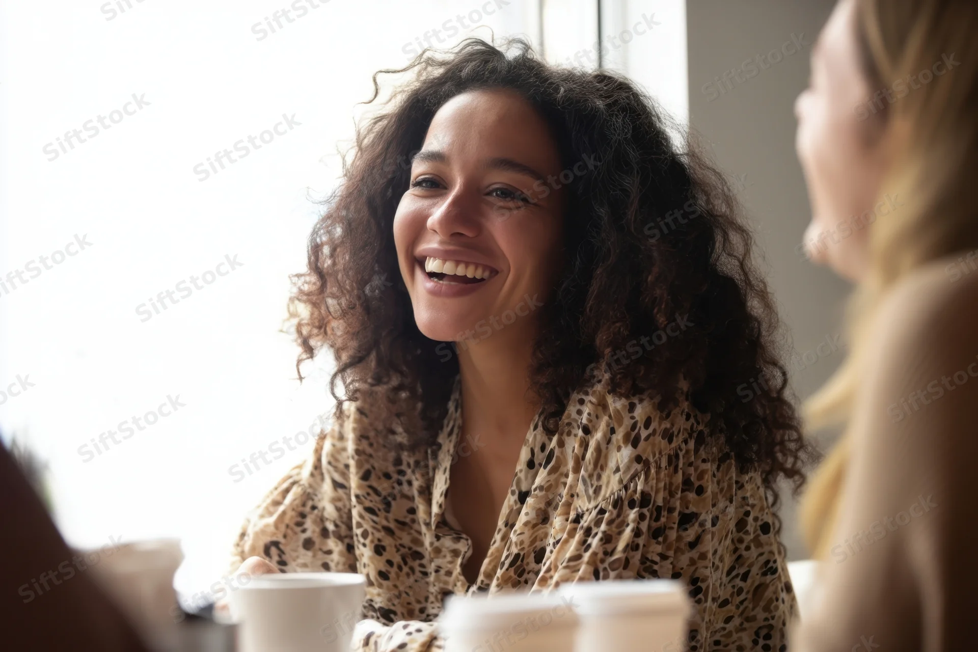 Woman laughing while sitting at a cafe table with a coffee cup in front of her