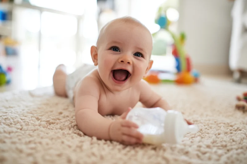 Baby lying on beige carpet smiling with bottle in hand during playtime