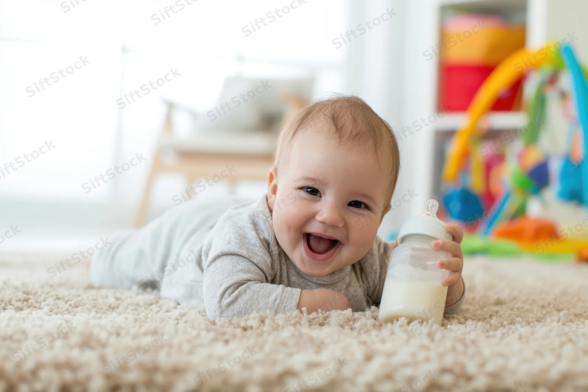 Baby lying on carpet smiling while holding a bottle of milk in a playroom