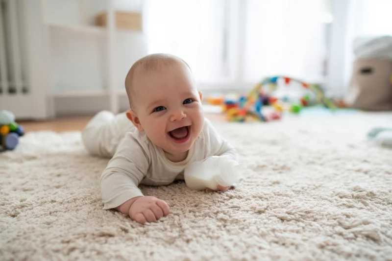 Baby crawling on soft beige carpet in playroom, smiling with baby bottle nearby