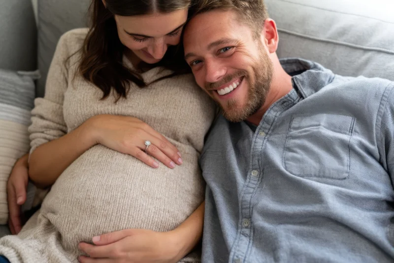 Pregnant woman resting her head on her partner’s shoulder while he smiles, both seated on a sofa at home