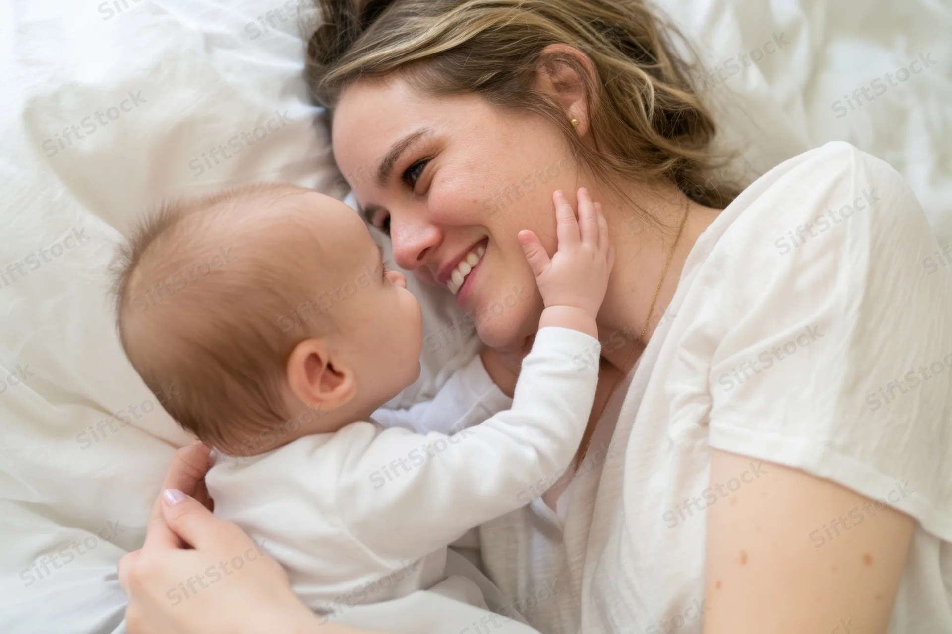 Mother smiling while cuddling baby on white bed