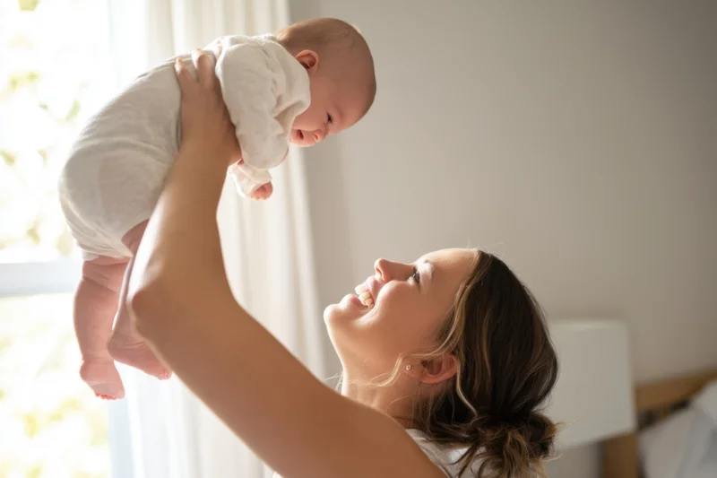 Mother lifting baby into the air indoors by window in sunlight