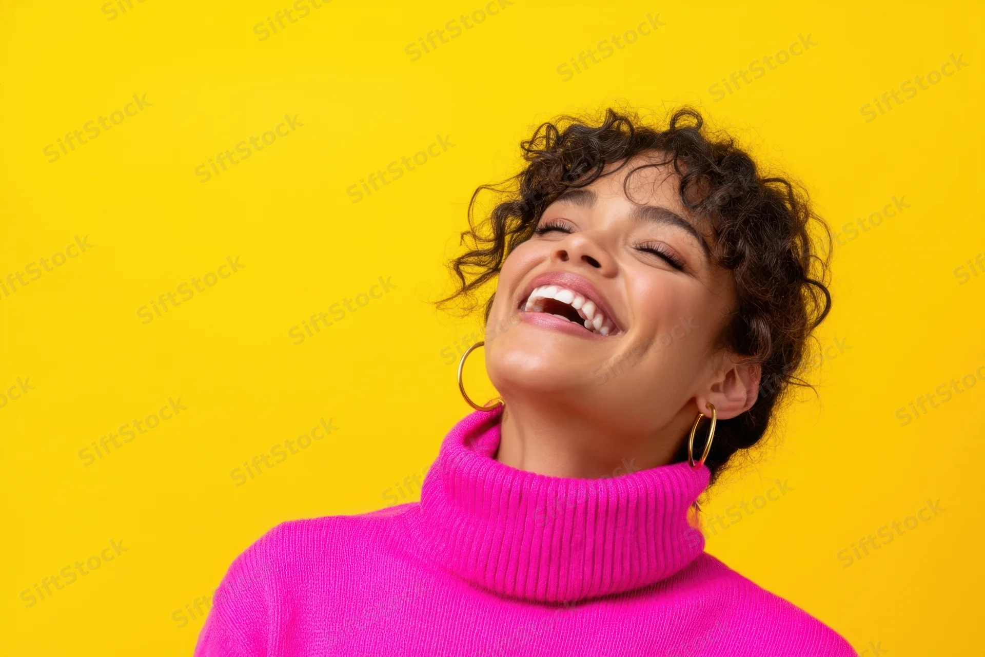 Woman laughing with head tilted back wearing bright pink turtleneck against yellow background