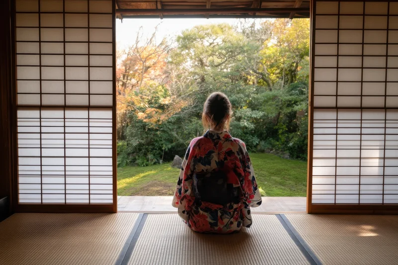Woman in kimono kneeling on tatami facing garden through shoji doors