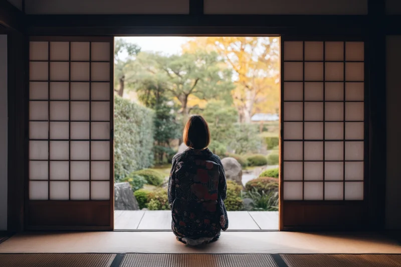 Woman in kimono kneeling on tatami facing a garden through shoji doors