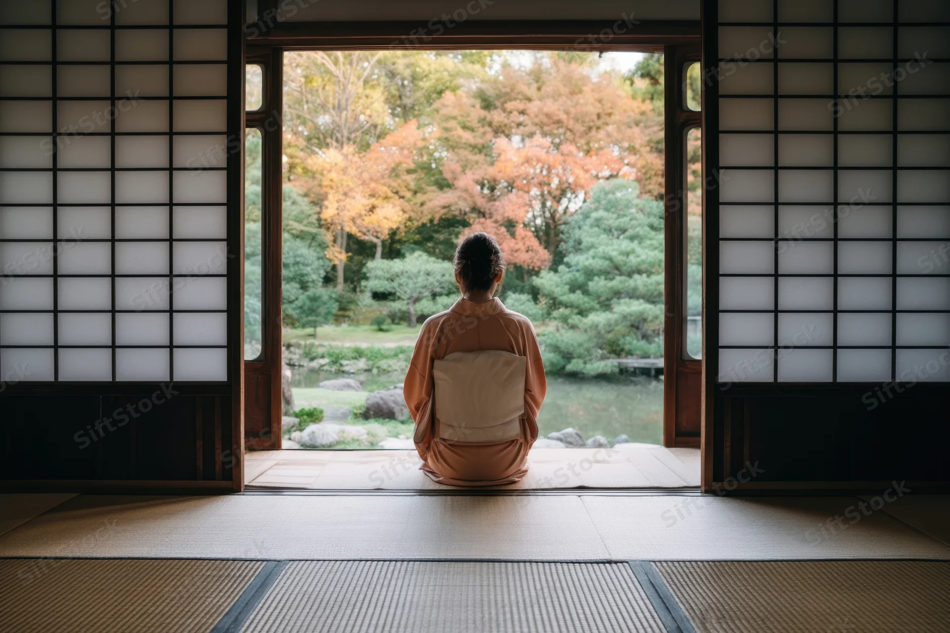Woman in kimono kneeling on tatami facing a garden with autumn foliage through a sliding shoji door