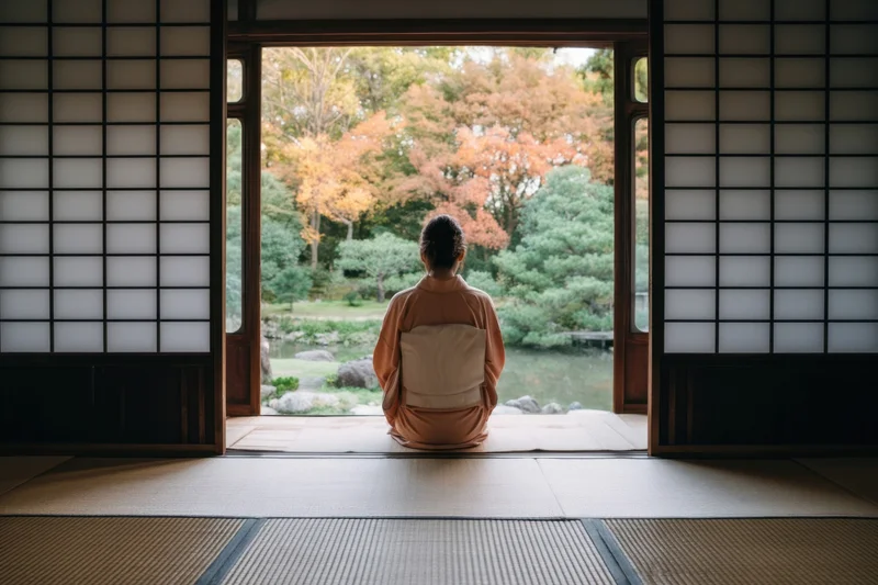 Woman in kimono kneeling on tatami facing a garden with autumn foliage through a sliding shoji door