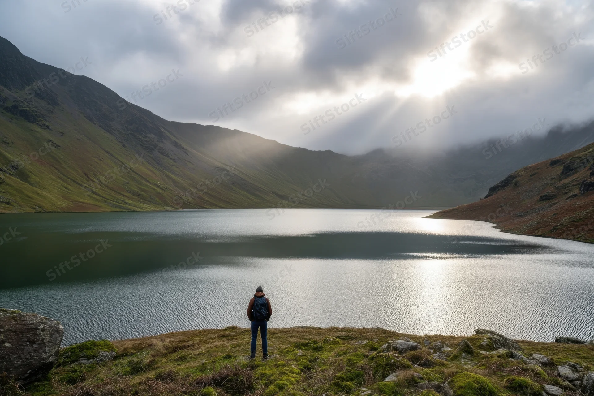 Hiker standing on mossy ground overlooking a mountain lake under cloudy sky with sun rays breaking through