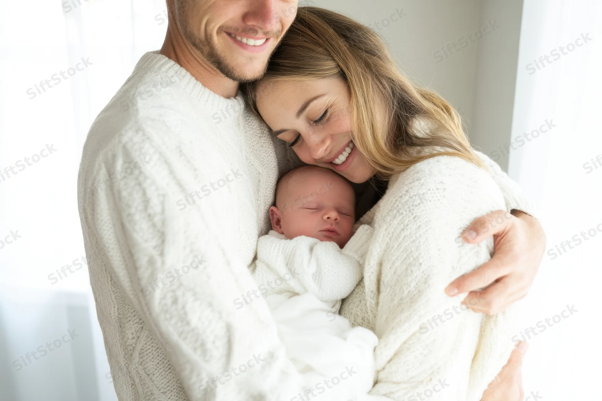 Couple hugging newborn baby wrapped in white knit sweaters indoors