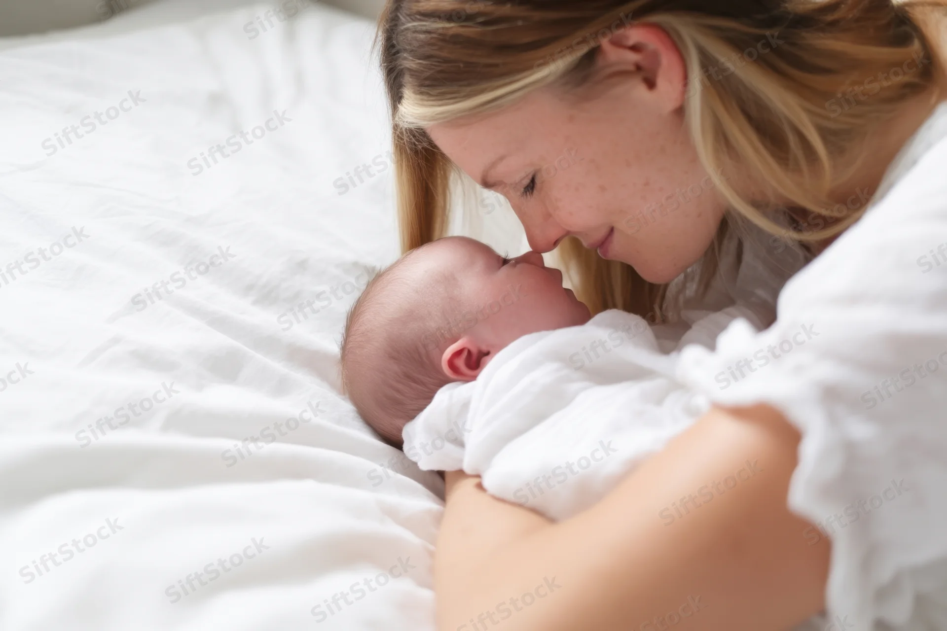 Mother leaning over newborn baby with noses touching on white bedding