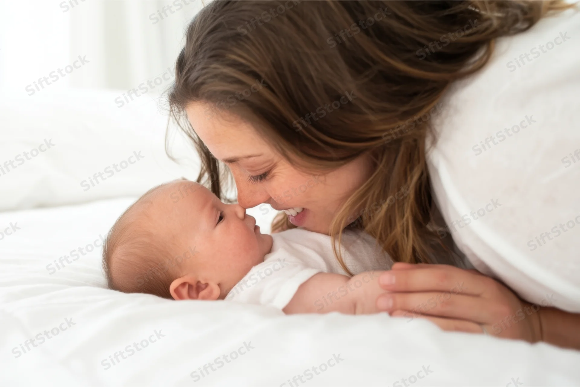 Mother leaning over baby with noses touching on white bed sheets