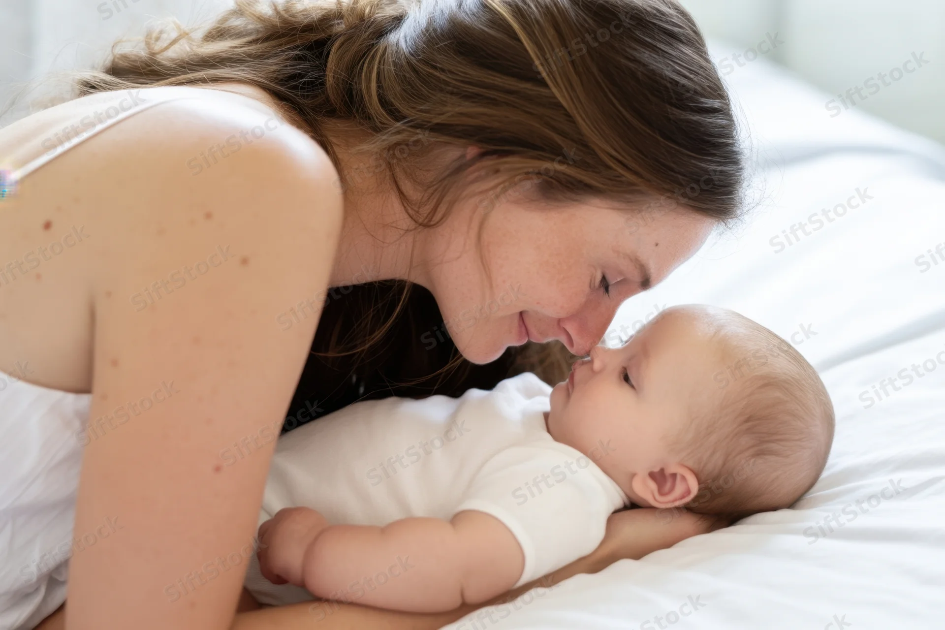 Mother leaning over baby with noses touching on bed