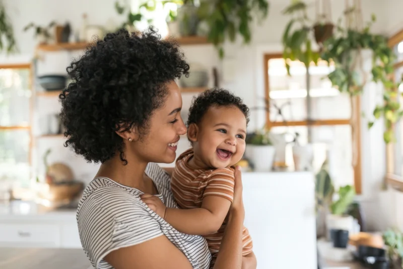 Mother holding baby in kitchen with plants and shelves around