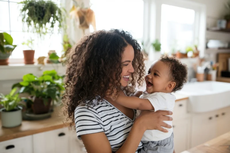 Mother holding baby in kitchen, both smiling and laughing, surrounded by potted plants and natural light