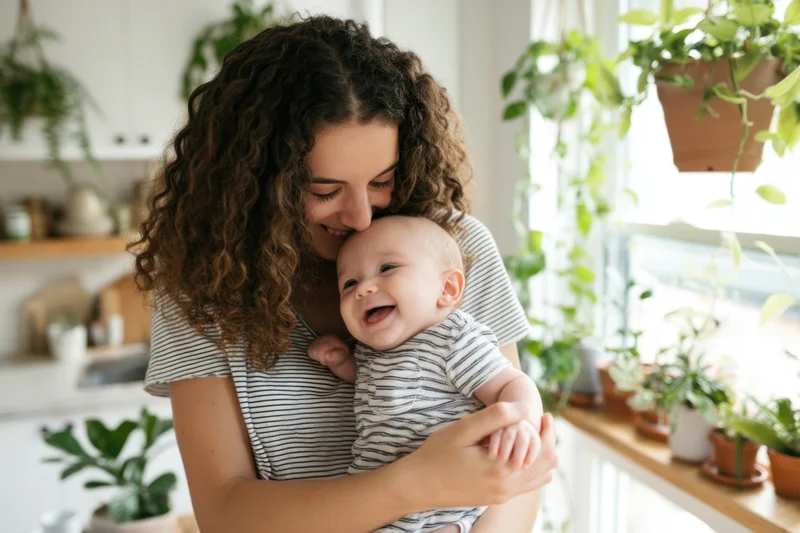 Mother holding smiling baby in kitchen with potted plants near window
