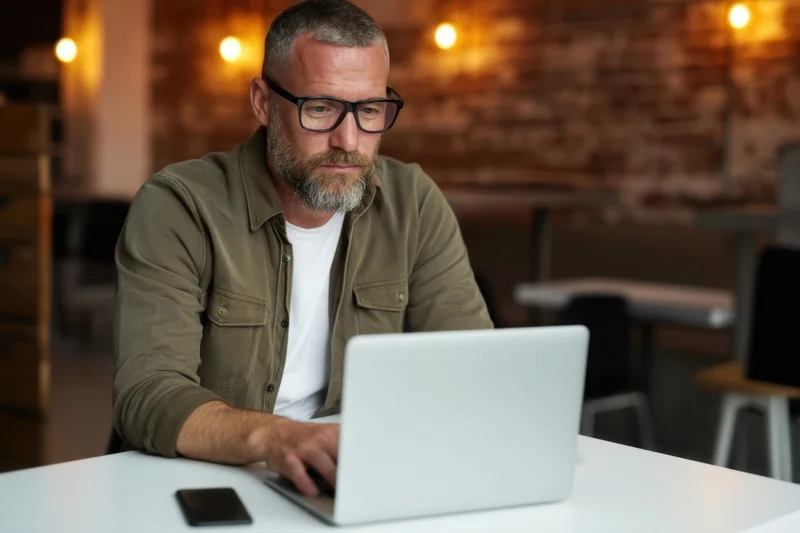 Man working on laptop at white table in modern office space