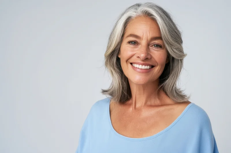 Mature woman smiling in a studio portrait with shoulder-length gray hair and a blue top