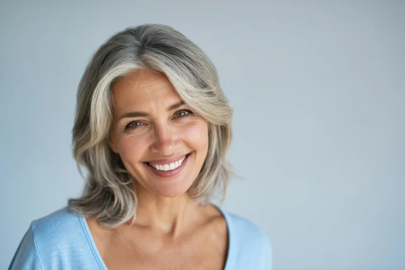 Smiling mature woman with shoulder-length salt-and-pepper hair in a light blue top against a plain background
