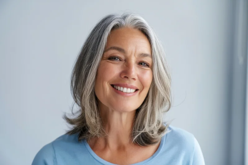 Smiling mature woman with shoulder-length gray hair in a blue shirt, close-up portrait indoors