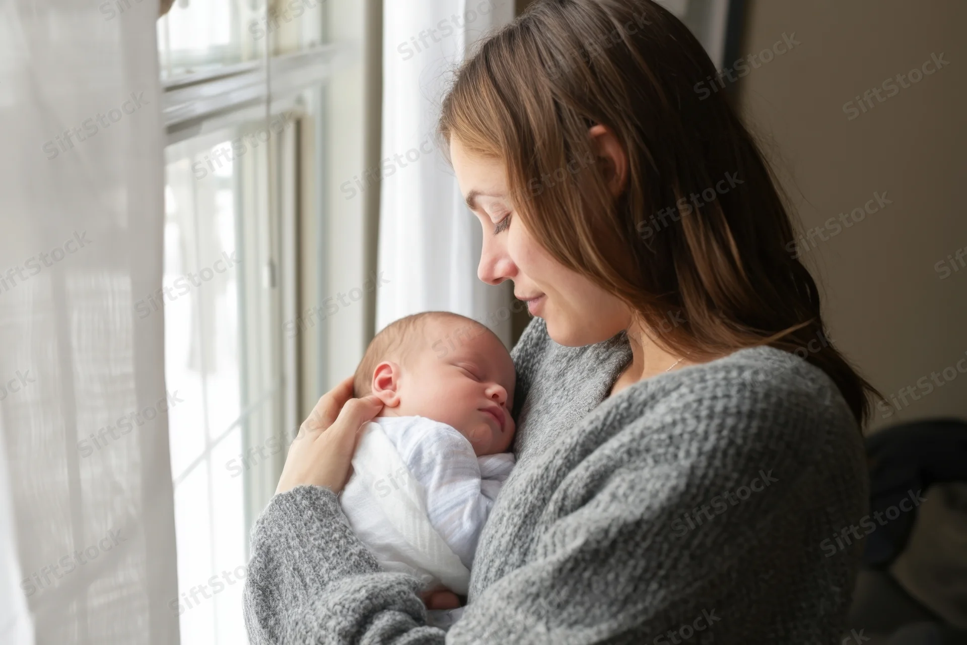 Mother holding sleeping newborn by window in home setting