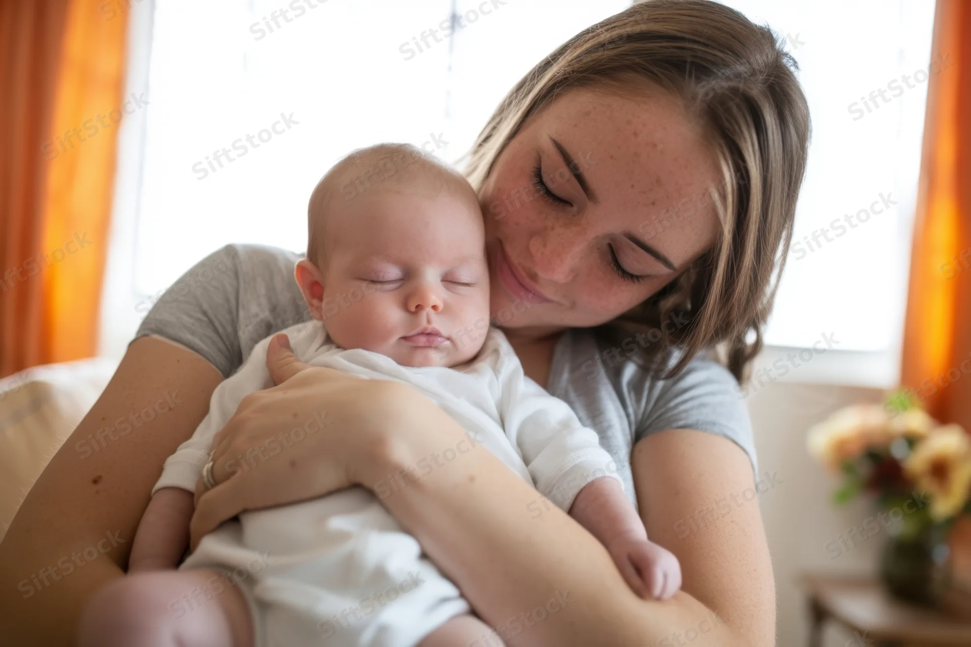 Mother cradling sleeping baby in sunlit living room