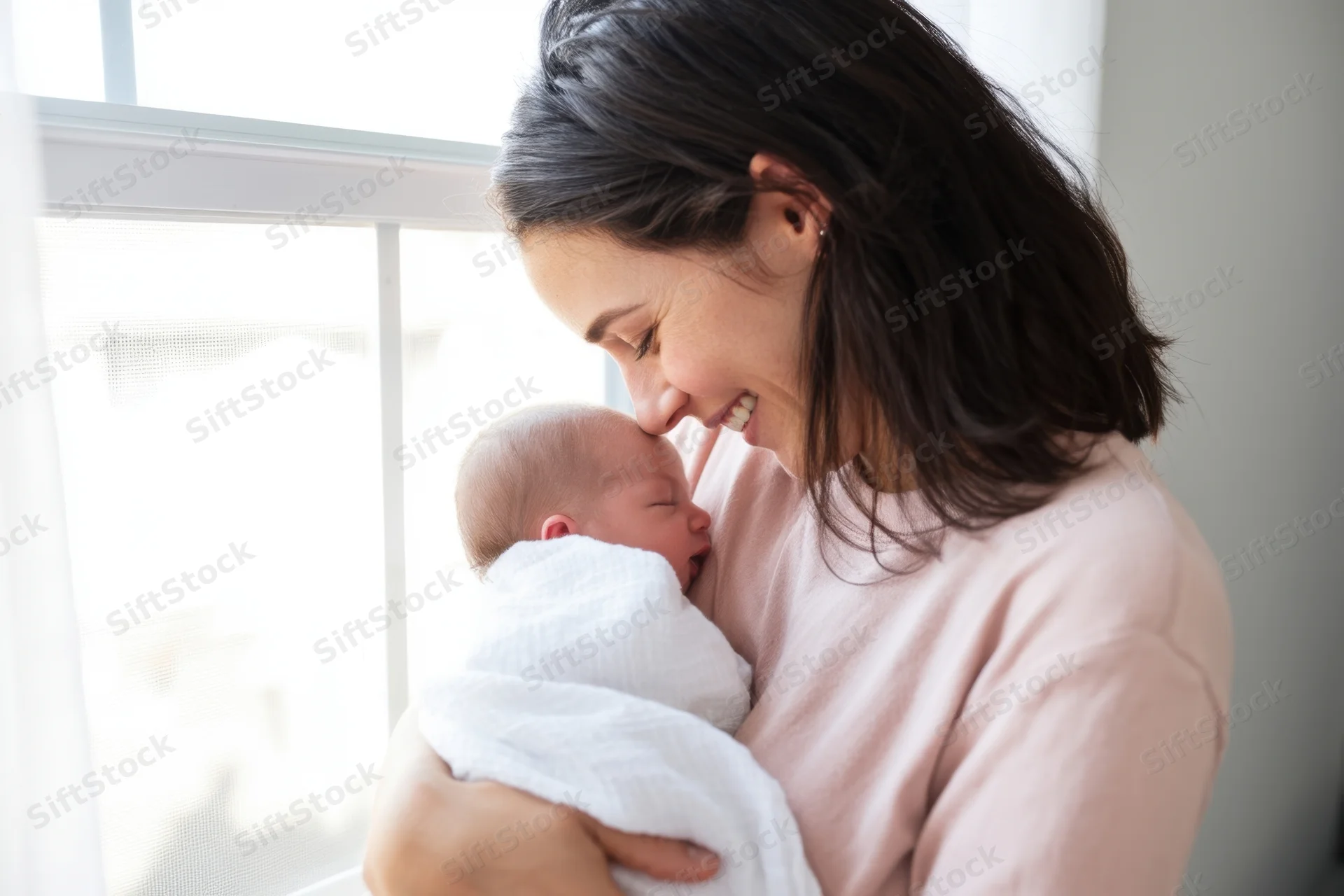 Mother smiling while holding newborn baby wrapped in white blanket near window