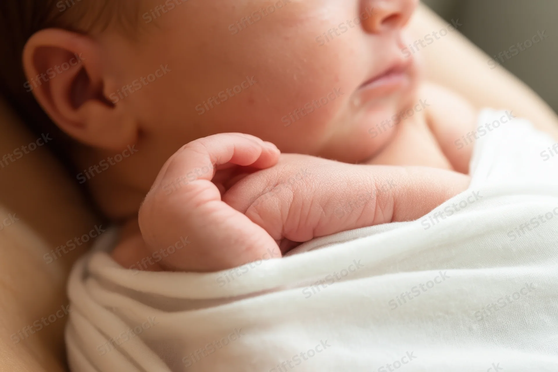 Newborn baby sleeping swaddled in white blanket held in mother's arms