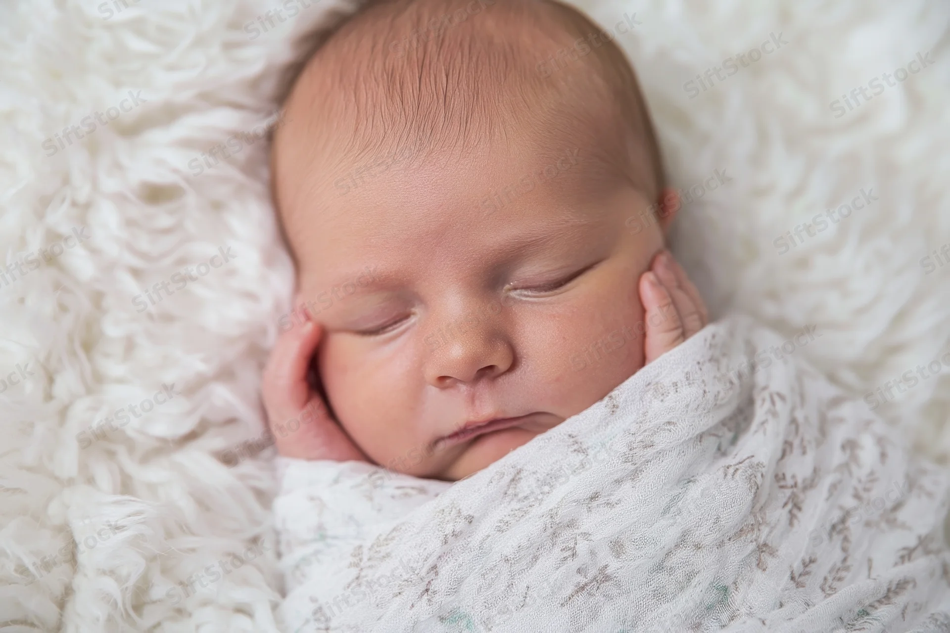 Newborn baby sleeping swaddled in a white blanket with hands near cheeks