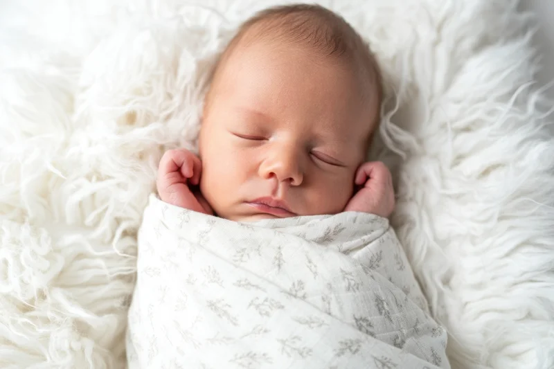 Newborn baby sleeping swaddled in a white blanket on a fluffy fur surface